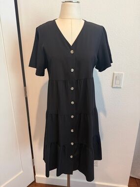 Classic Black Button-Front Midi Dress